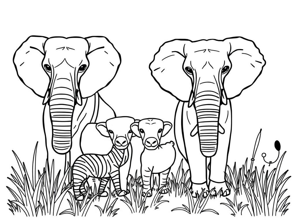 Elephant Family Jungle Coloring Page