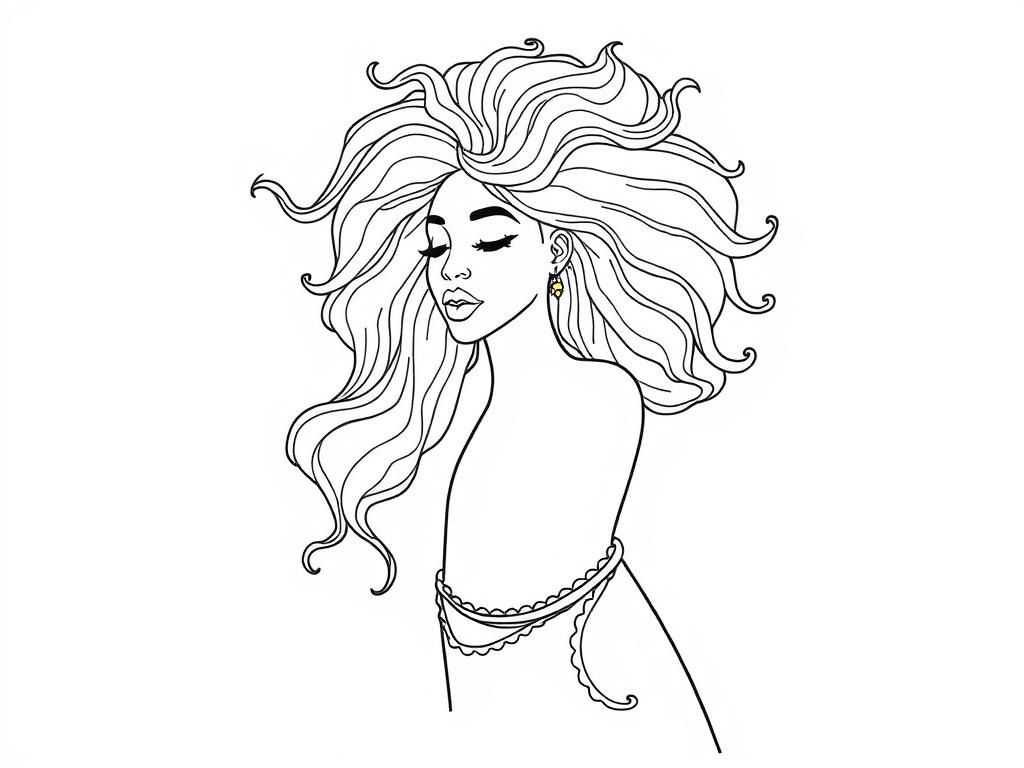 Coloring Page of a Beautiful Woman with Long Hair and Jewelry