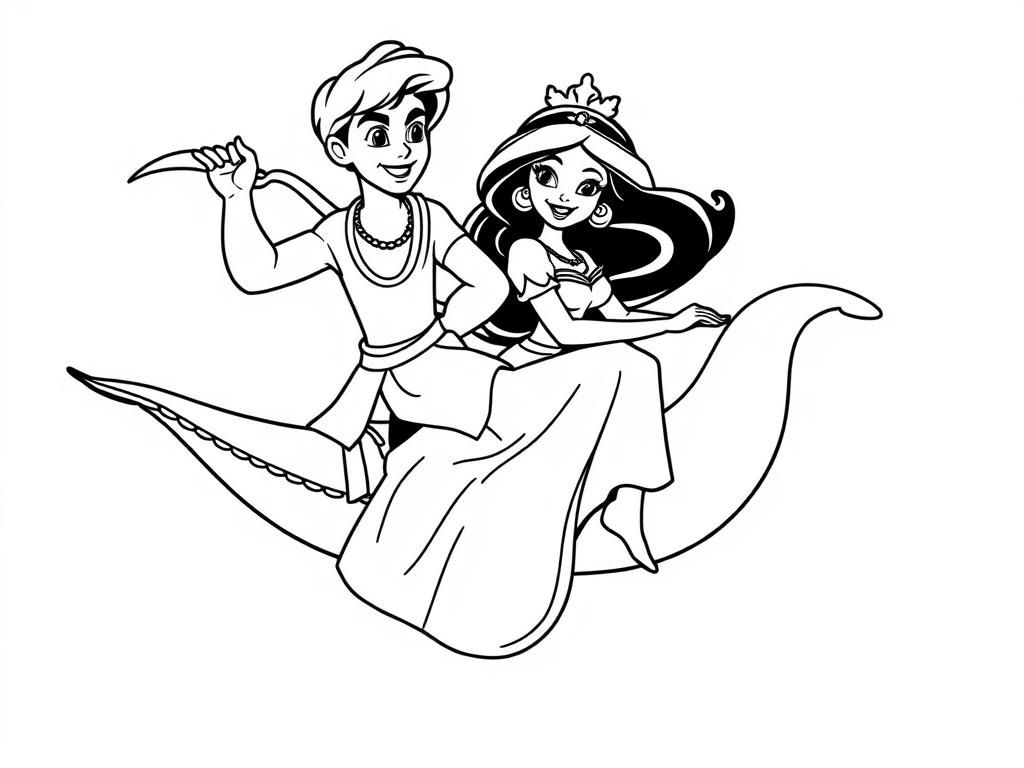 Aladdin and Jasmin riding on a magic carpet.