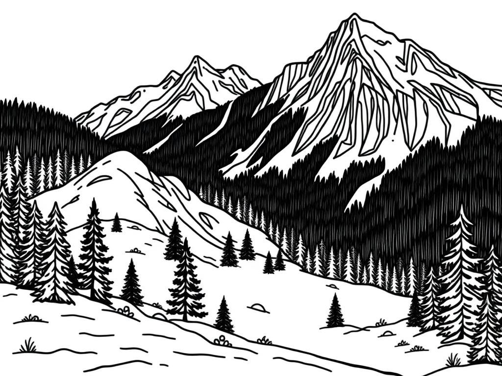 Kleurplaat Mountain Winter Wonderland