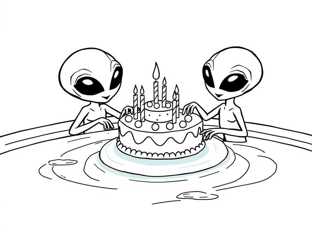 aliens eating a birthday cake in a pool