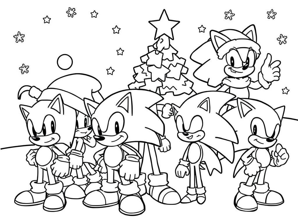 all sonic characters in a christmas colouring picture - Free Printable Coloring Page