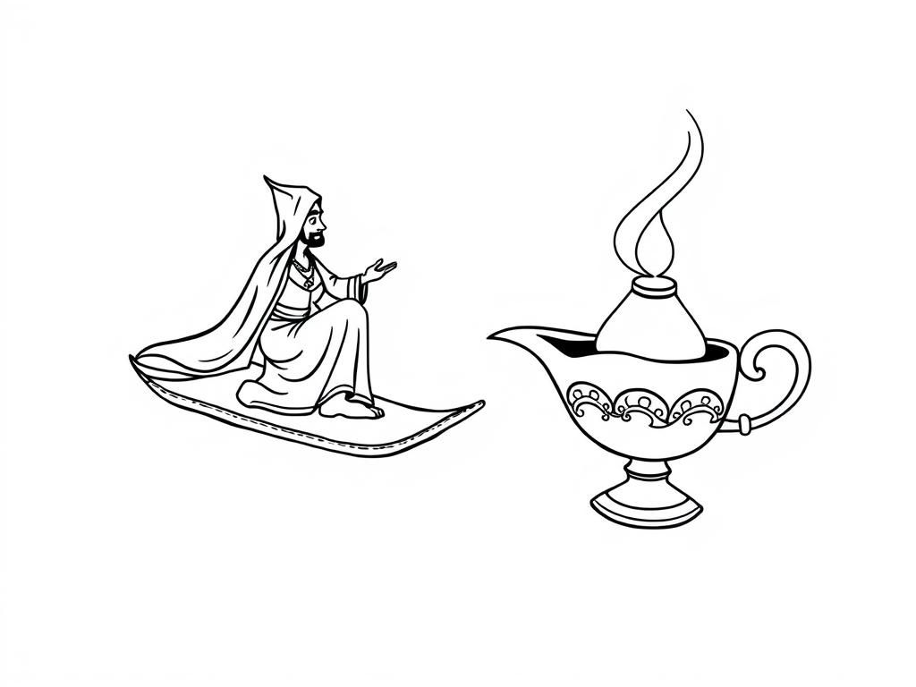 Alladin on flying carpet and Genie from a lamp