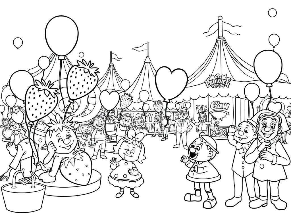 Preview of Amusement park full of strawberries holding balloons lots of clowns