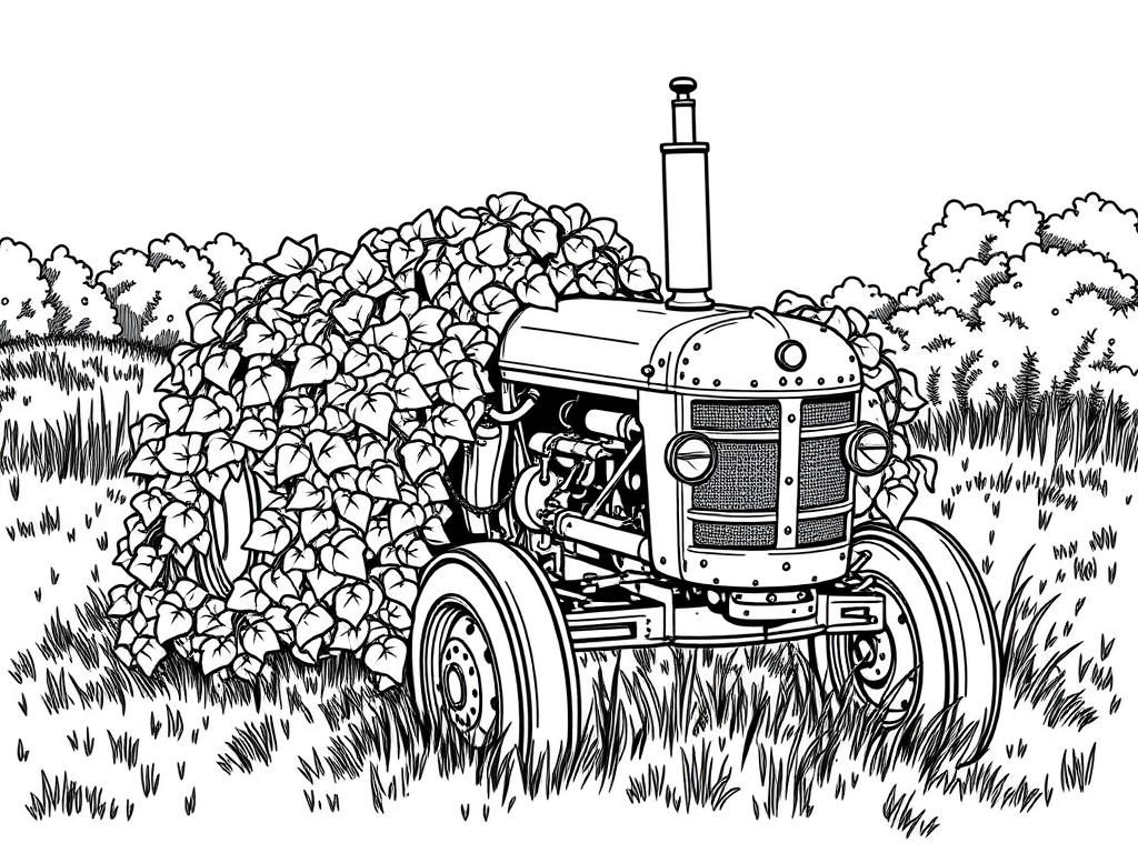 Preview of An abandoned rusty tractor covered in vines, sitting in an overgrown meadow