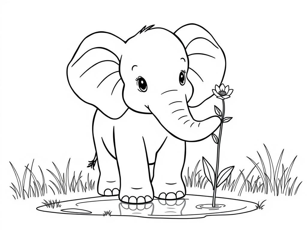 An adorable elephant with big floppy ears, holding a tiny flower with its trunk, standing near a watering hole. Background: a grassy savanna with soft  hues." - Free Printable Coloring Page