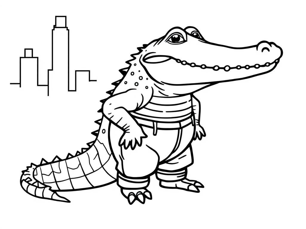 AN ALLIGATOR WEARING PANTS IN NEW YORK CITY - Free Printable Coloring Page