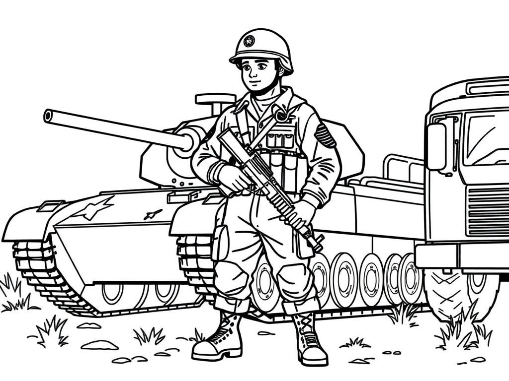 Preview of an american soldier standing next to a tank and a truck