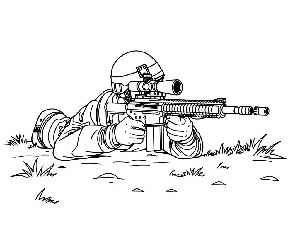 Preview of An american solider laying on the ground aiming a sniper rifle