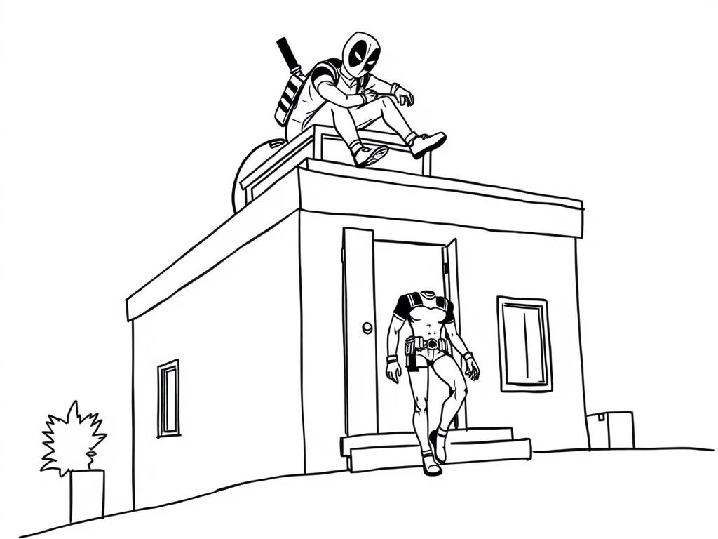an anime character  walking out of a building with deadpool on the roof - Free Printable Coloring Page