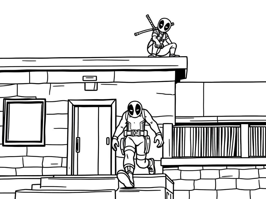 an anime character  walking out of a building with deadpool on the roof - Free Printable Coloring Page
