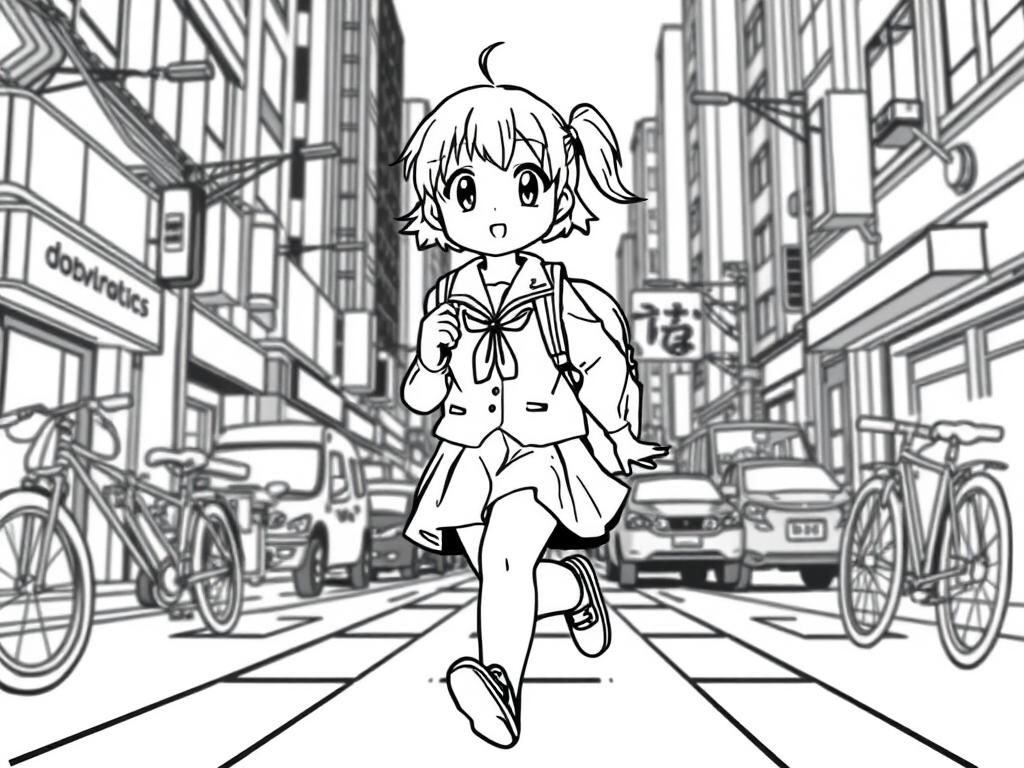 Preview of An anime girl character in a school uniform, running through a busy city street with a backpack