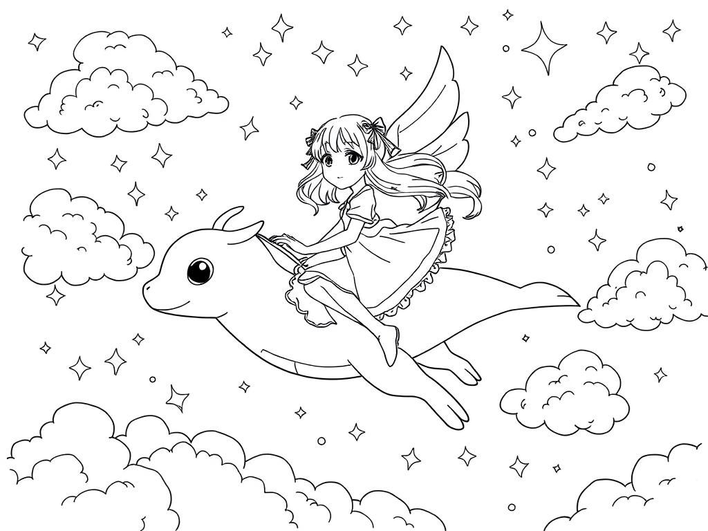 Preview of An anime girl character riding a flying creature through a magical sky filled with clouds and stars.