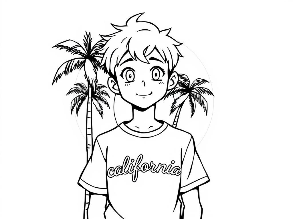Preview of an anime human with blonde hair boy wearing a t-shirt that says caloifornia with palm trees and sun rising behind them