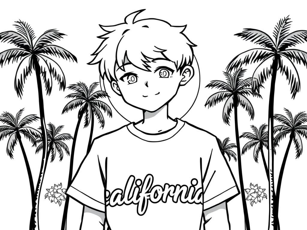 Preview of an anime human with blonde hair boy wearing a t-shirt that says caloifornia with palm trees and sun rising behind them on the t-shirt