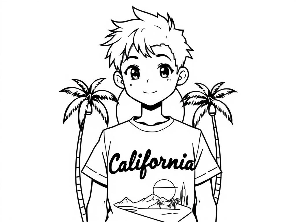 Preview of an anime human with blonde hair boy wearing a t-shirt that says caloifornia with palm trees and sun rising behind them on the t-shirt