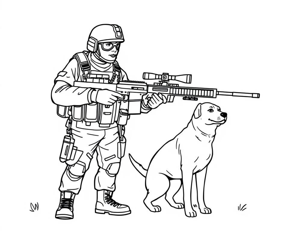 an army soldier holding a sniper rifle and standing next to a dog - Free Printable Coloring Page