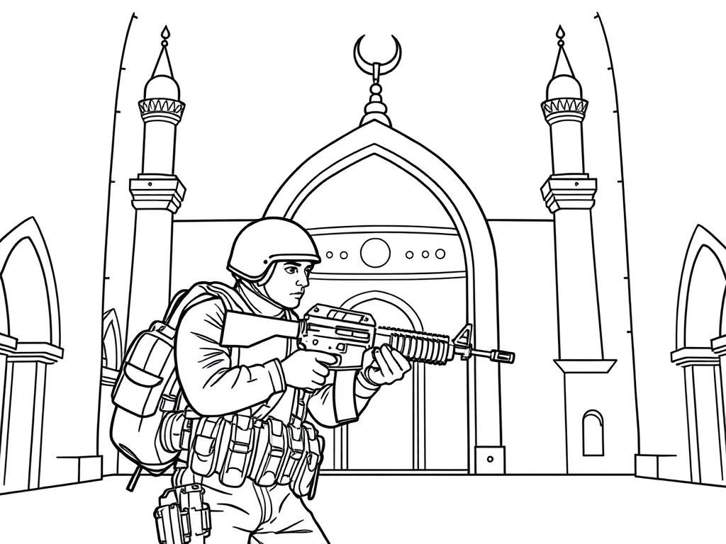 an elite soldier entering a mosque with gun ready