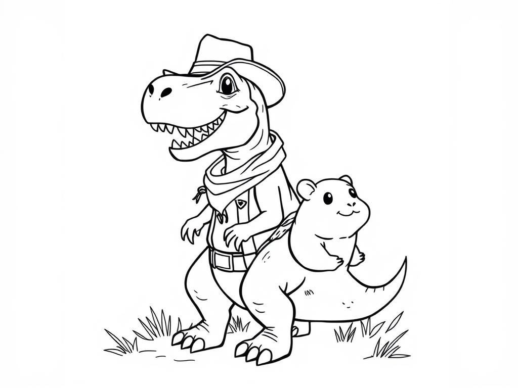 Preview of an happy trex with cowboy clothing riding a guinea pig