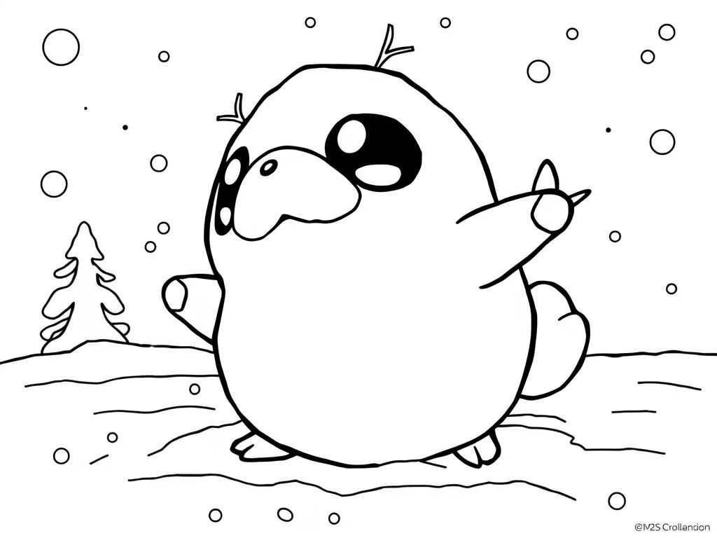 An ice Darumaka pokemon playing in the snow for Christmas - Free Printable Coloring Page