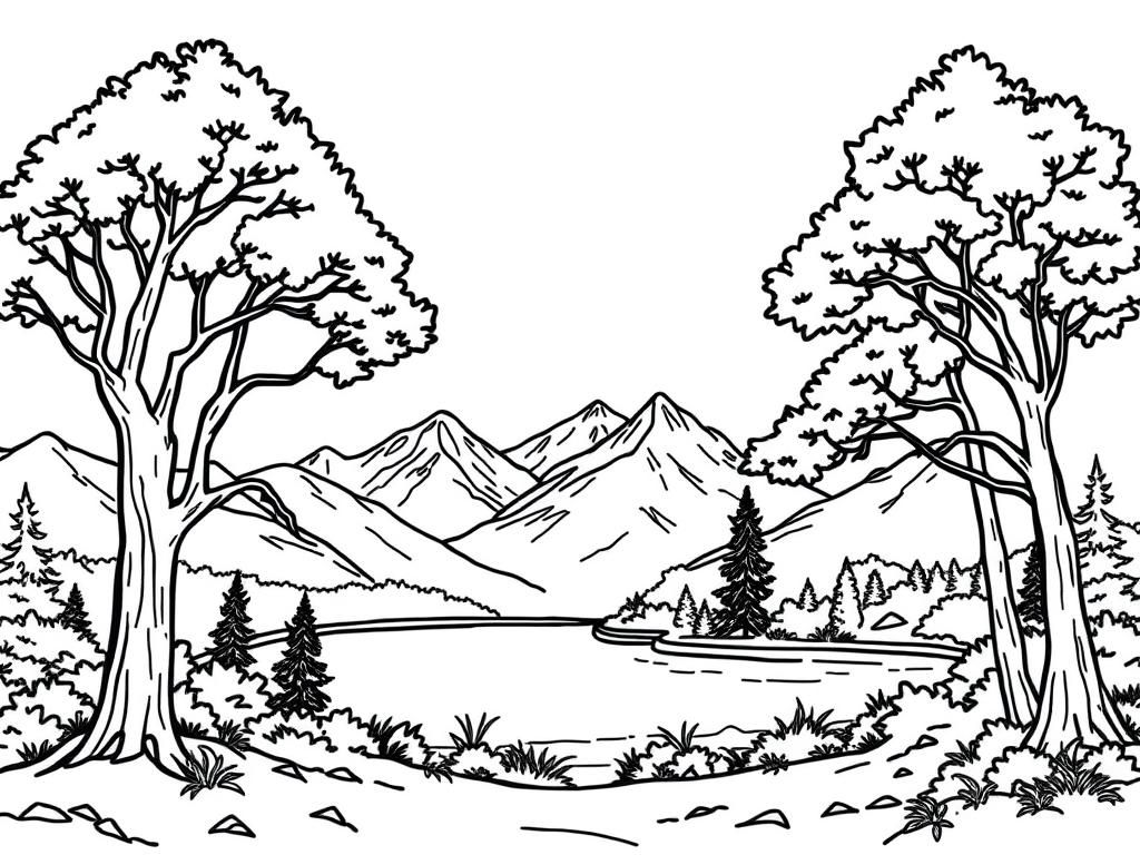 an image of a beatiful landscape with big trees, mountains and a lake