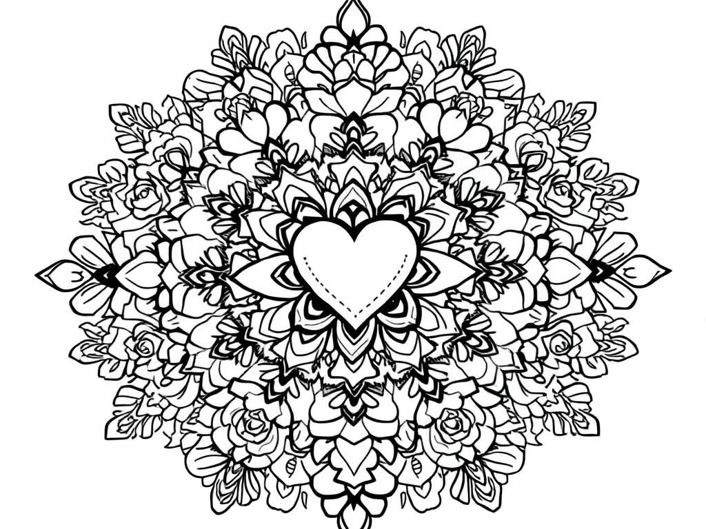 Preview of An intricate mandala coloring page with hearts, roses, and Valentine’s Day symbols woven into the design.