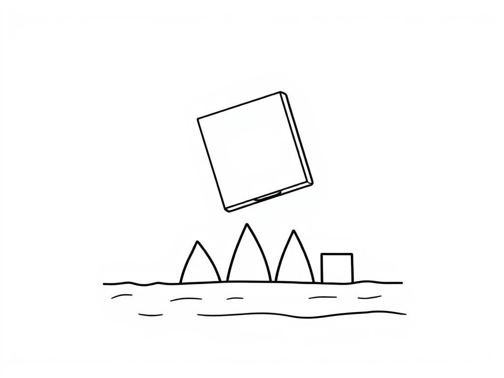 An iPad screen displaying a tilted square jumping over the ground to dodge three spikes and some blocks - Free Printable Coloring Page