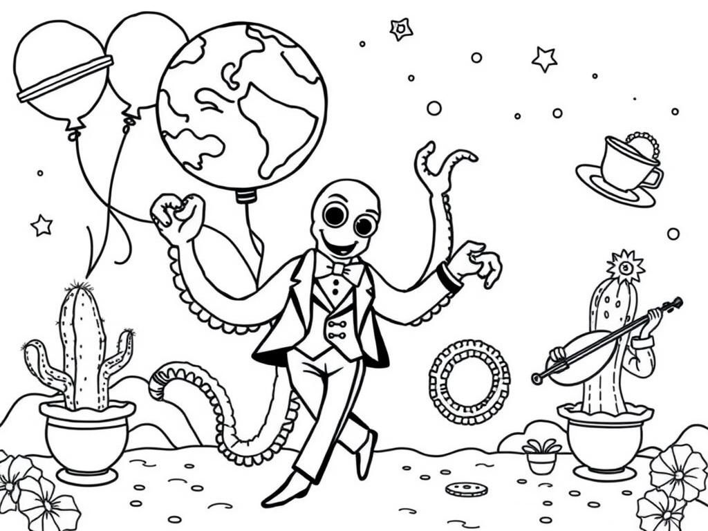 An octopus in a tuxedo dancing with planet-shaped balloons, surrounded by flying teacups and a cactus playing the violin, with a surreal background.