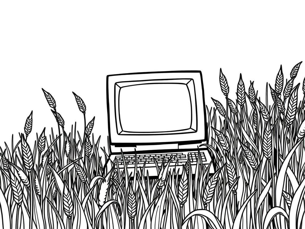 An old computer in a field of wheat