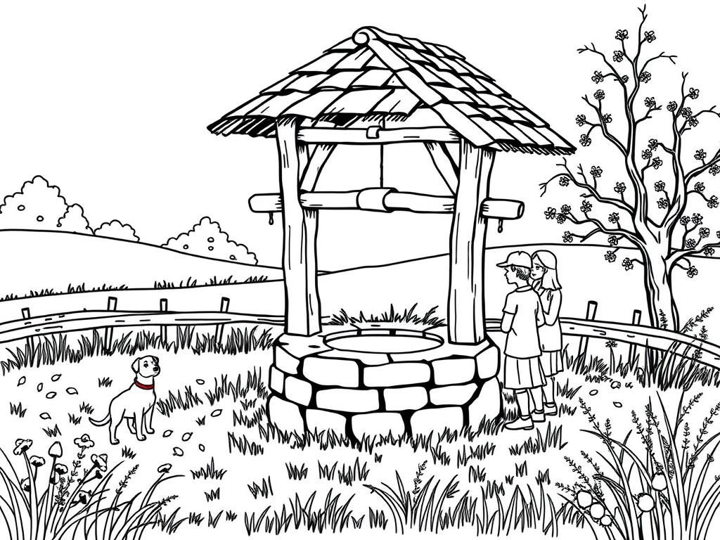 An old style well in a meadow, with a dog and a man and a woman looking at the well