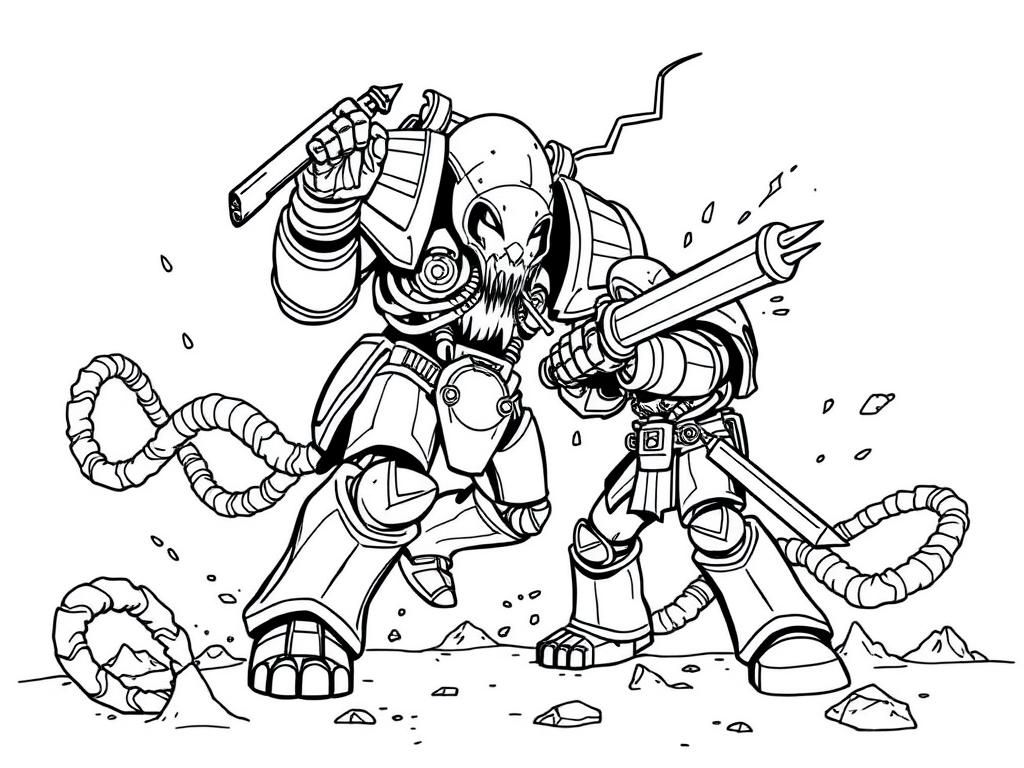 An ultramarines Space Marine (warhammer 40k) smashing a necron