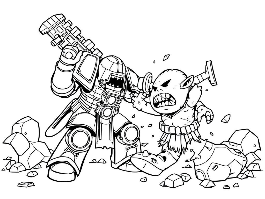 An ultramarines Space Marine (warhammer 40k) smashing an Ork Boy