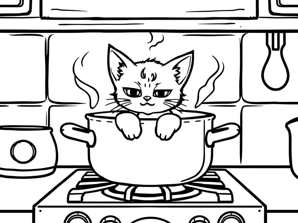 Preview of an unhappy kitten in a cook pot on a gas stove in a kitchen scene