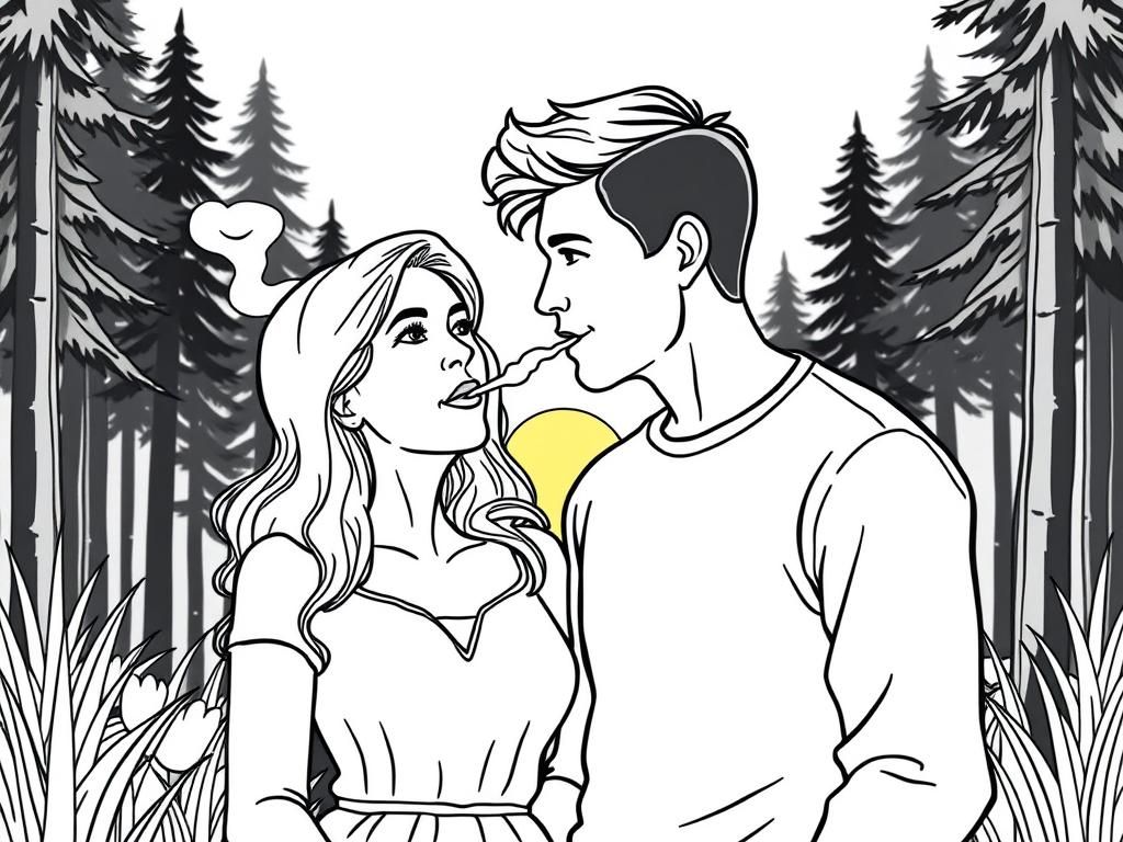 an young adult married couple, sharing a smoke break at sunset in the woods - Free Printable Coloring Page