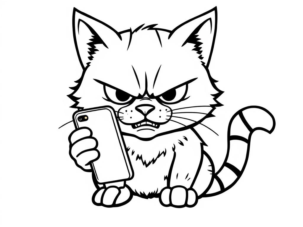 Angry Cat with Smartphone Coloring Page