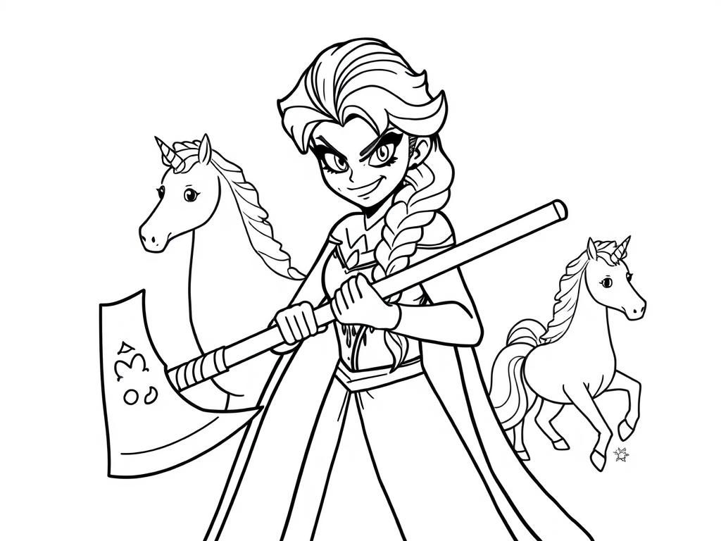 Elsa with Unicorns Coloring Page