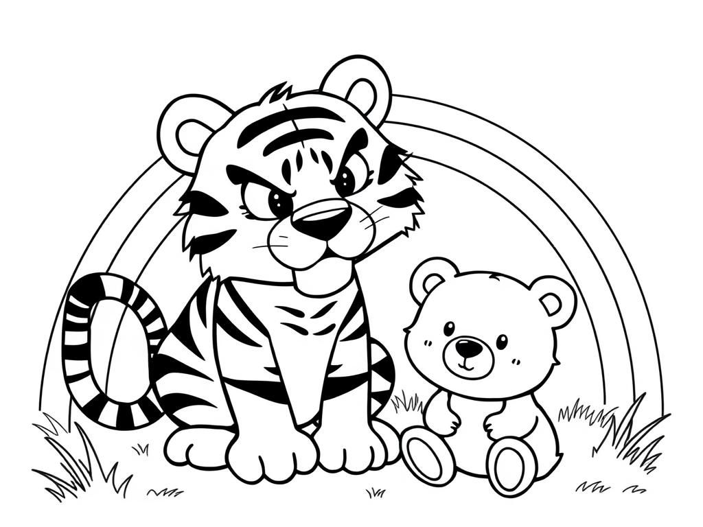 Preview of angy tiger and sweet little bear with a rainbow in the background