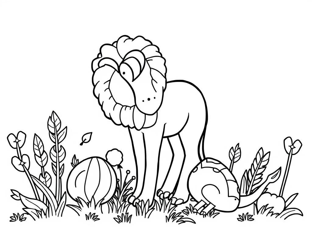 Lion in the Field Animals Coloring Page
