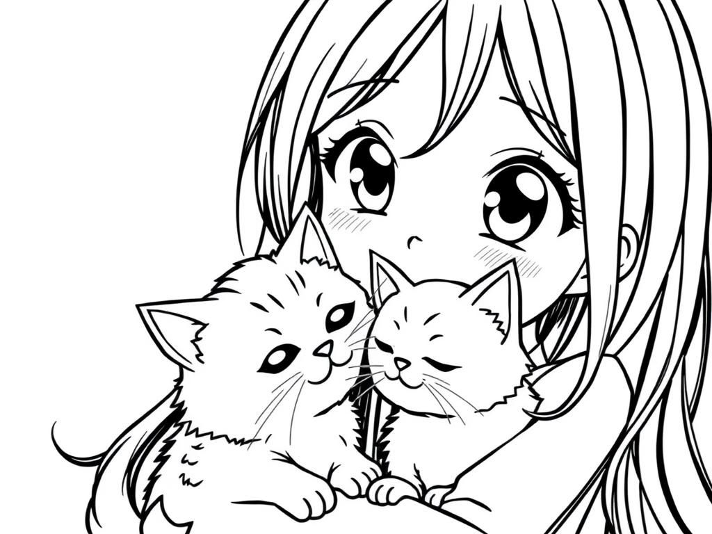 Preview of Anime cute girl, big eyes, long hair and she is kissing her cat