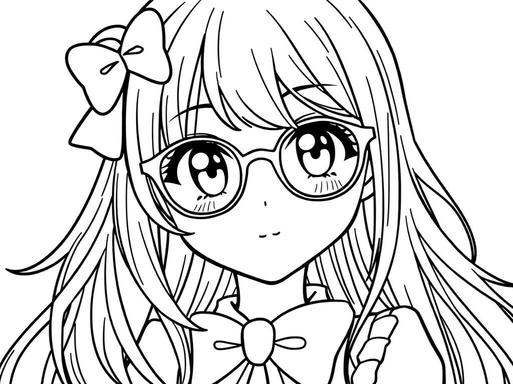 Coloring Page of a Young Girl with Long Hair and Glasses