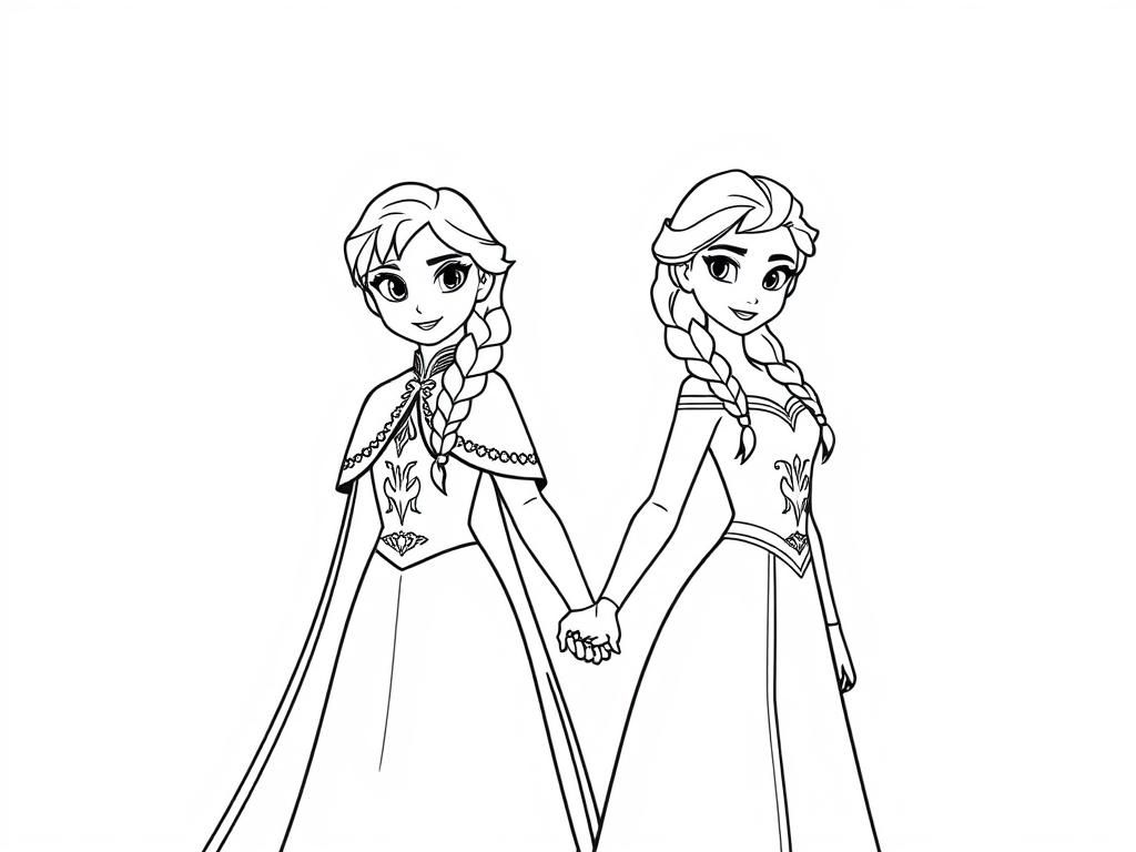 Anna and Elsa from frozen holding hands - Free Printable Coloring Page