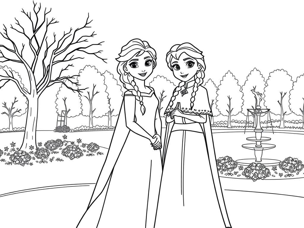 Preview of anna and elsa standing together, and a park in the background