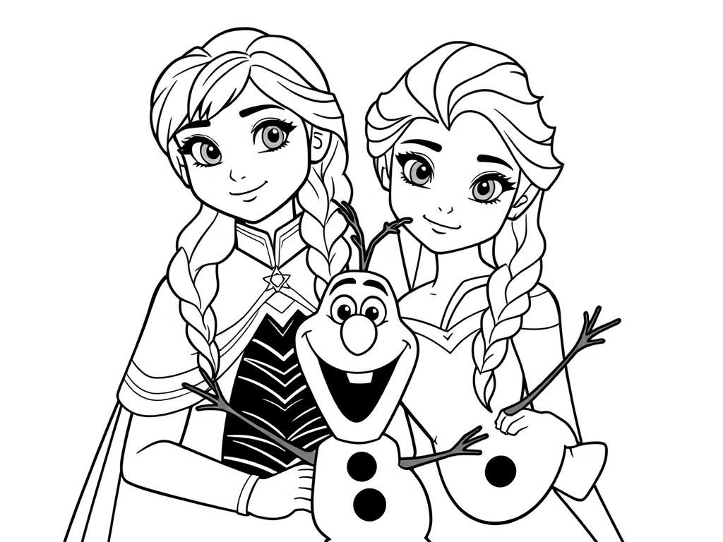 Anna and Elsa with olaf - Free Printable Coloring Page