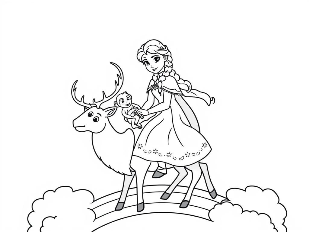 Elsa Riding Reindeer Coloring Page