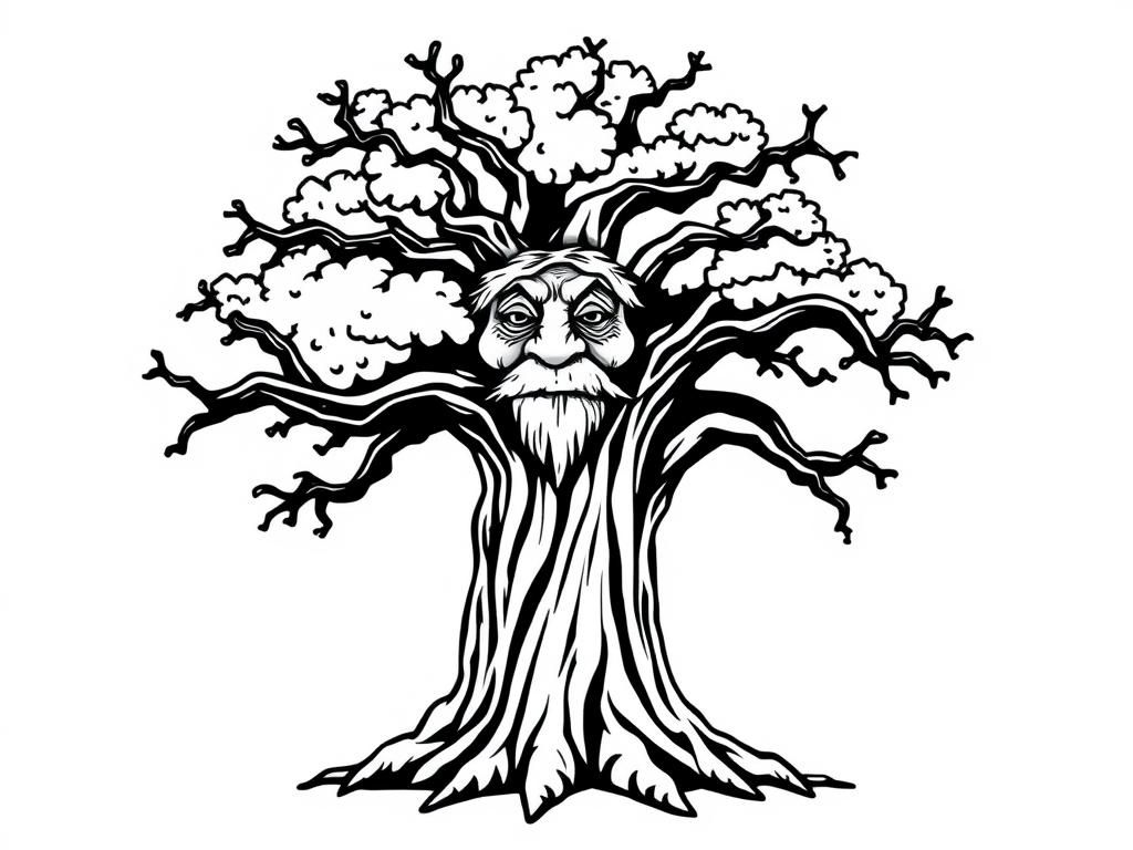 anthropomorphic oak tree with a wizened face