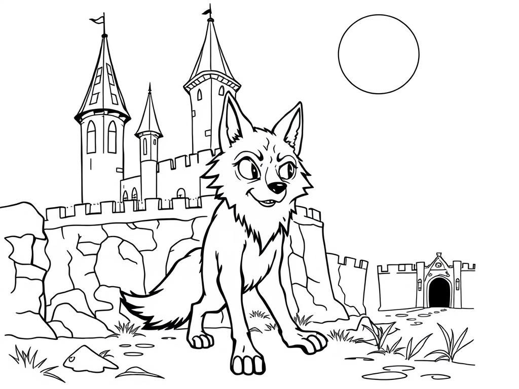 Anthropromorphic wolf is afraid, looking around himself, while walking through a spooky castle.