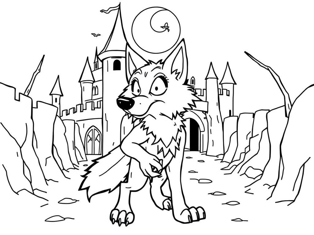 Anthropromorphic wolf is afraid, looking around himself, while walking through a spooky castle.