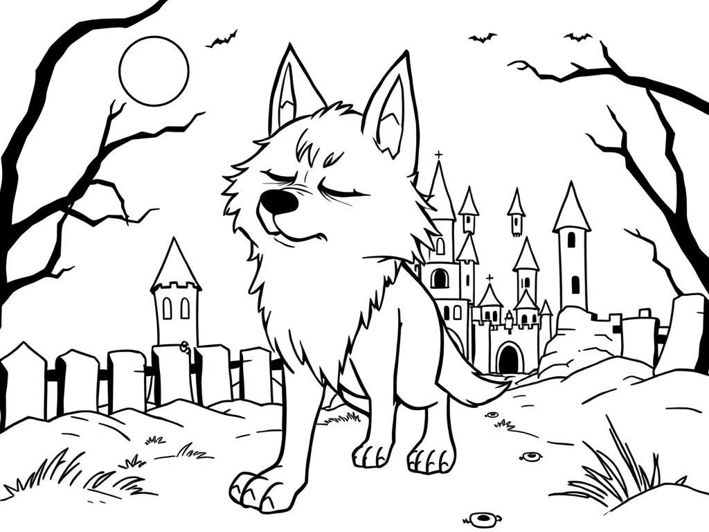 Anthropromorphic wolf is afraid, shutting his eyes, while walking through a spooky castle.