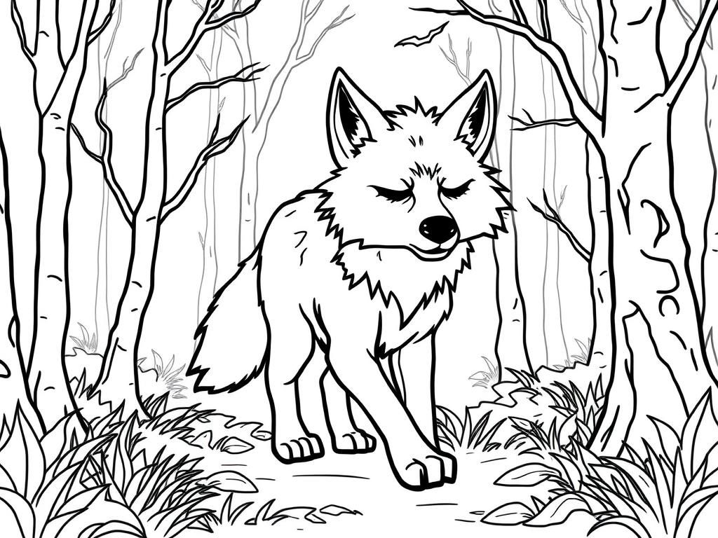 Anthropromorphic wolf is afraid, shutting his eyes, while walking through a spooky forest.