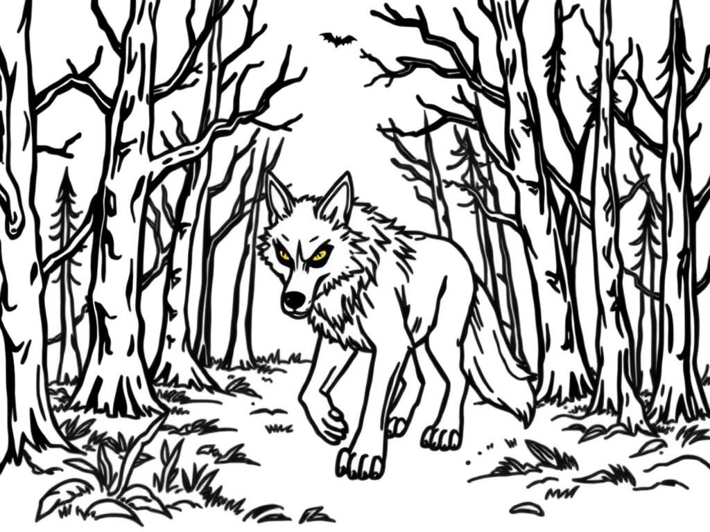 Anthropromorphic wolf is afraid walking through a spooky haunted forest